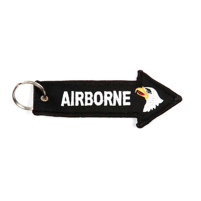 Llavero negro bordado con inscripción AIRBORNE y águila