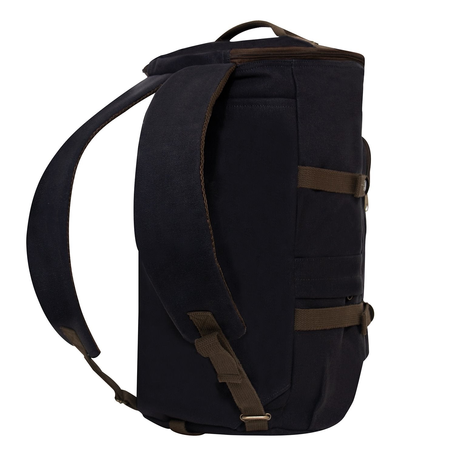 Bolsa convertible 19'' de lona negra y marron, convertible en mochila, saco o bolso, 48x28 cm