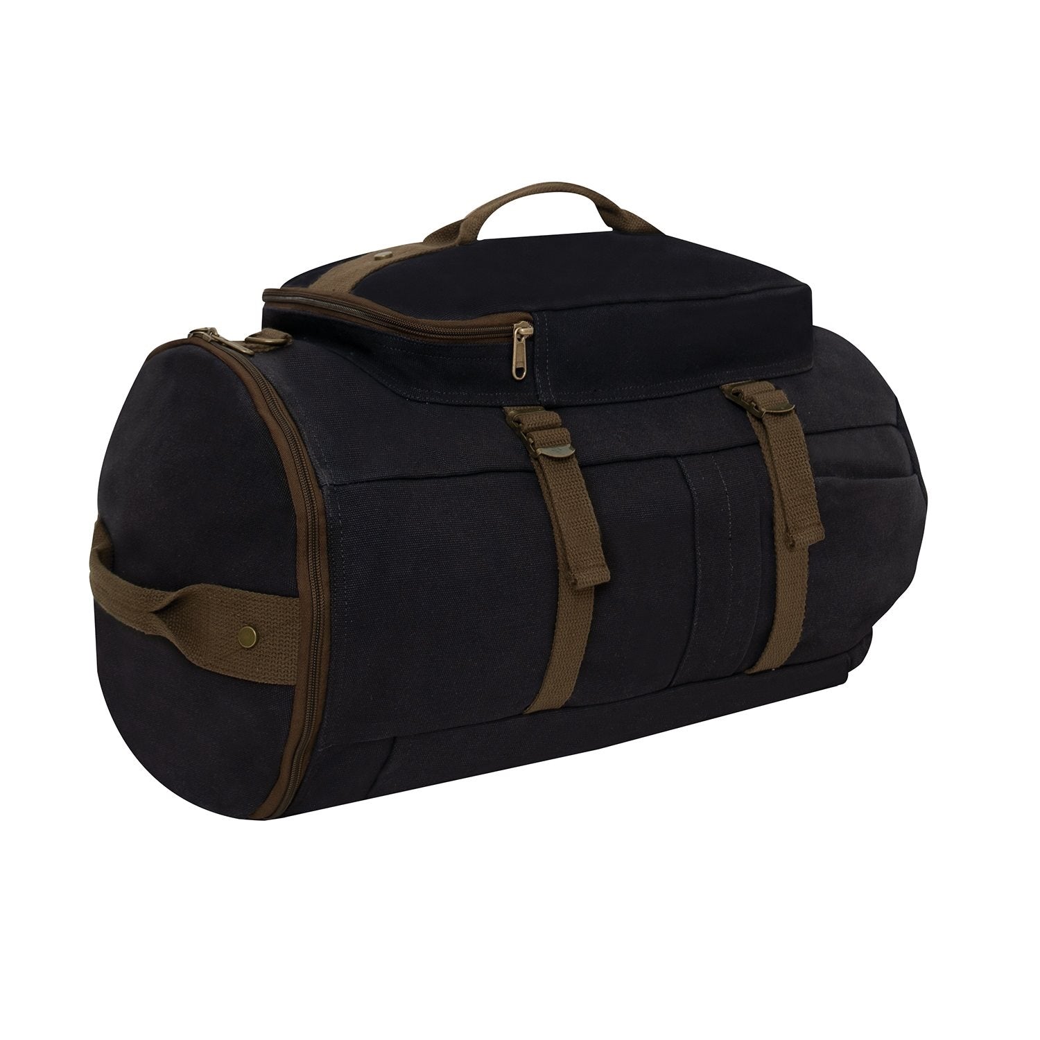 Bolsa convertible 19'' de lona negra y marron, convertible en mochila, saco o bolso, 48x28 cm