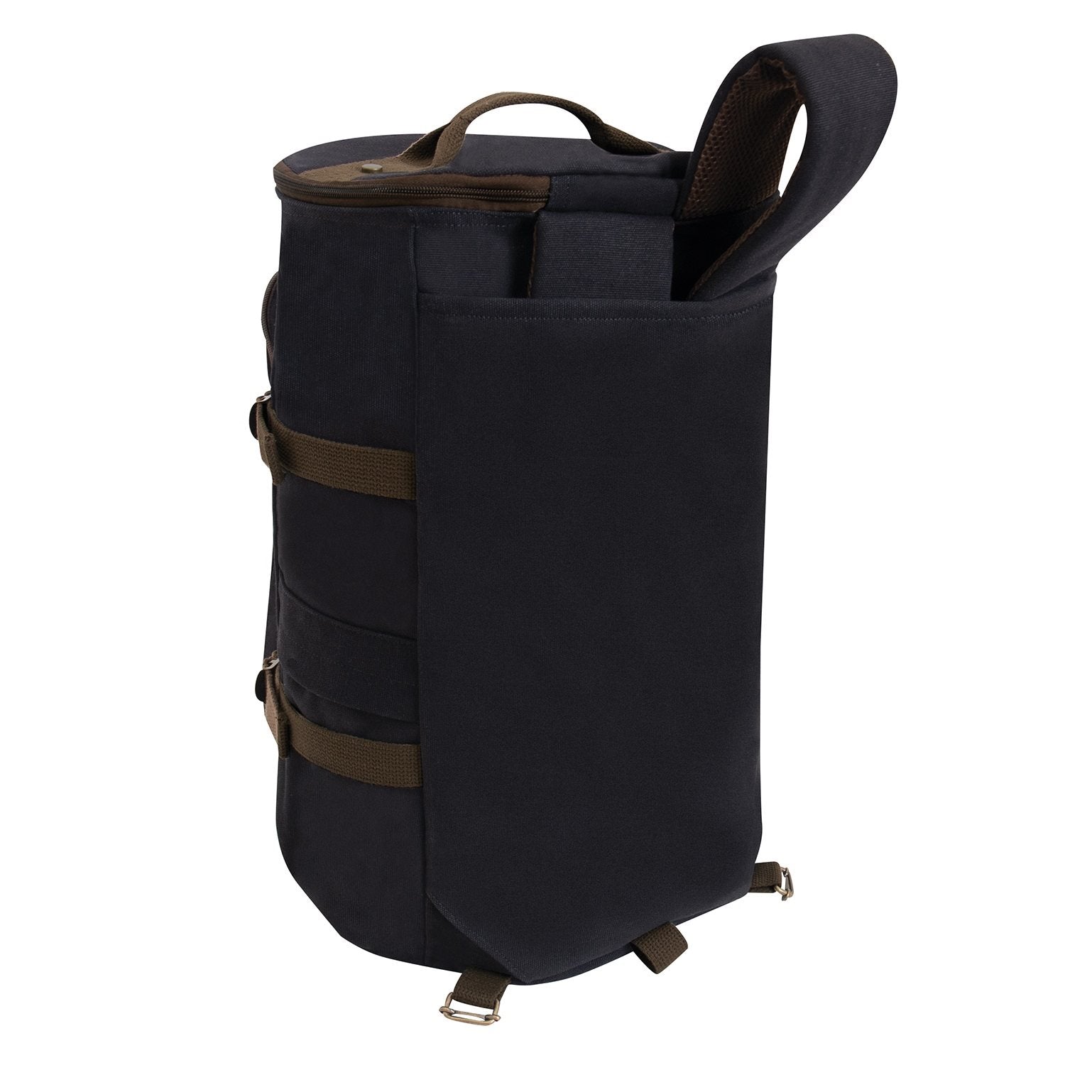Bolsa convertible 19'' de lona negra y marron, convertible en mochila, saco o bolso, 48x28 cm