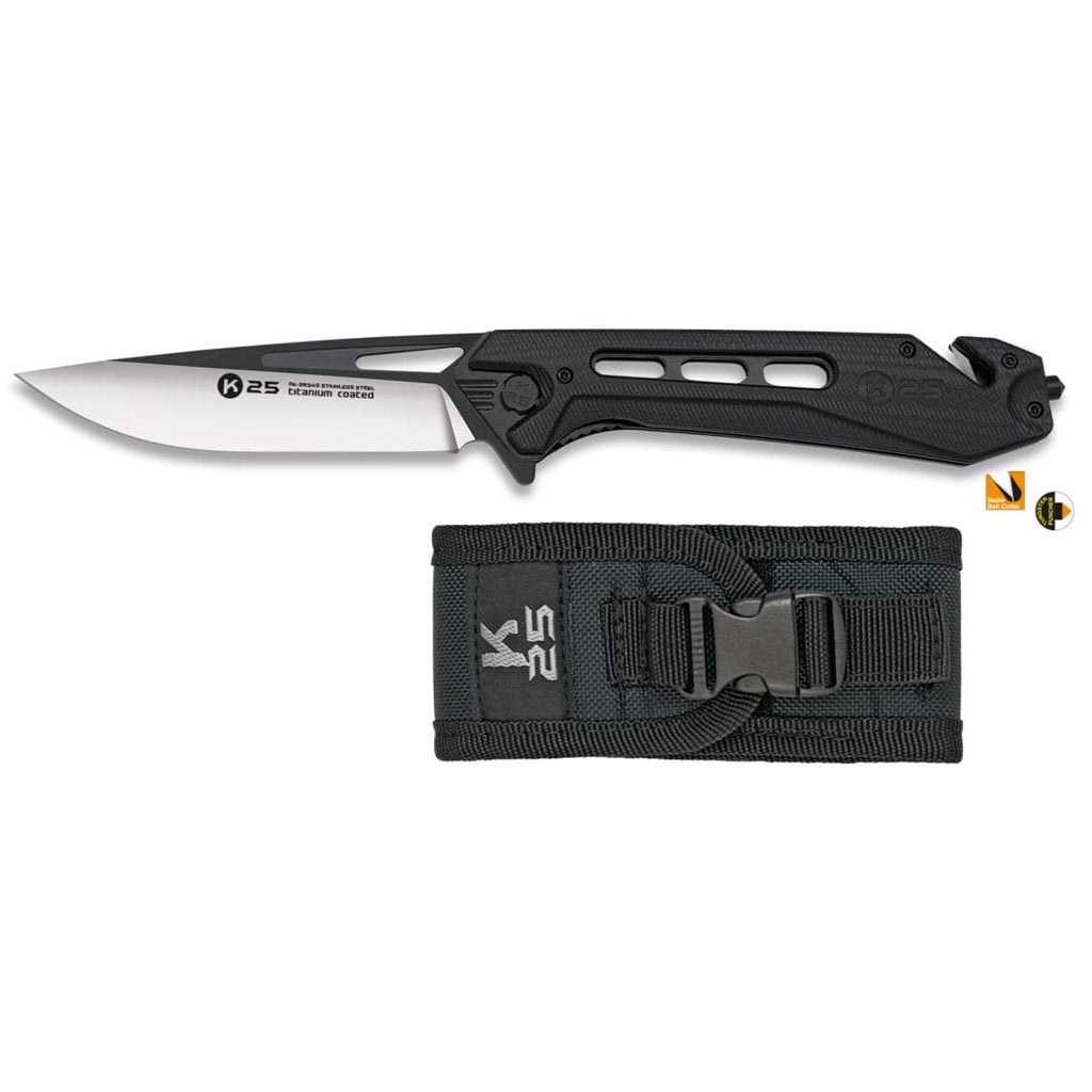 Navaja táctica K25 TACTICAL XL negra con funda, para porte EDC y uso en terreno