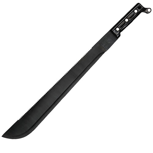 Machete US OCEL 45 cm con hoja de acero ennegrecido, mango plástico y filo dentado, color negro