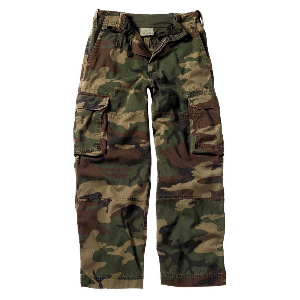 Pantalones infantiles estilo paracaidista VAGE Paratrooper Woodand con acabado vintage y 6 bolsillos
