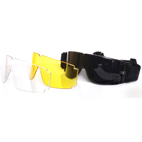 Gafas 3 lentes (claro, amarillo, gris humo) con capa antivaho y cinta elástica 35 mm