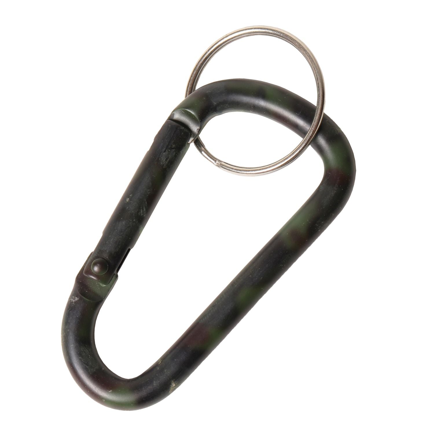 Mosquetón metálico camuflado WOODLAND con aro para llaves, aprox. 60 mm y aro 23 mm