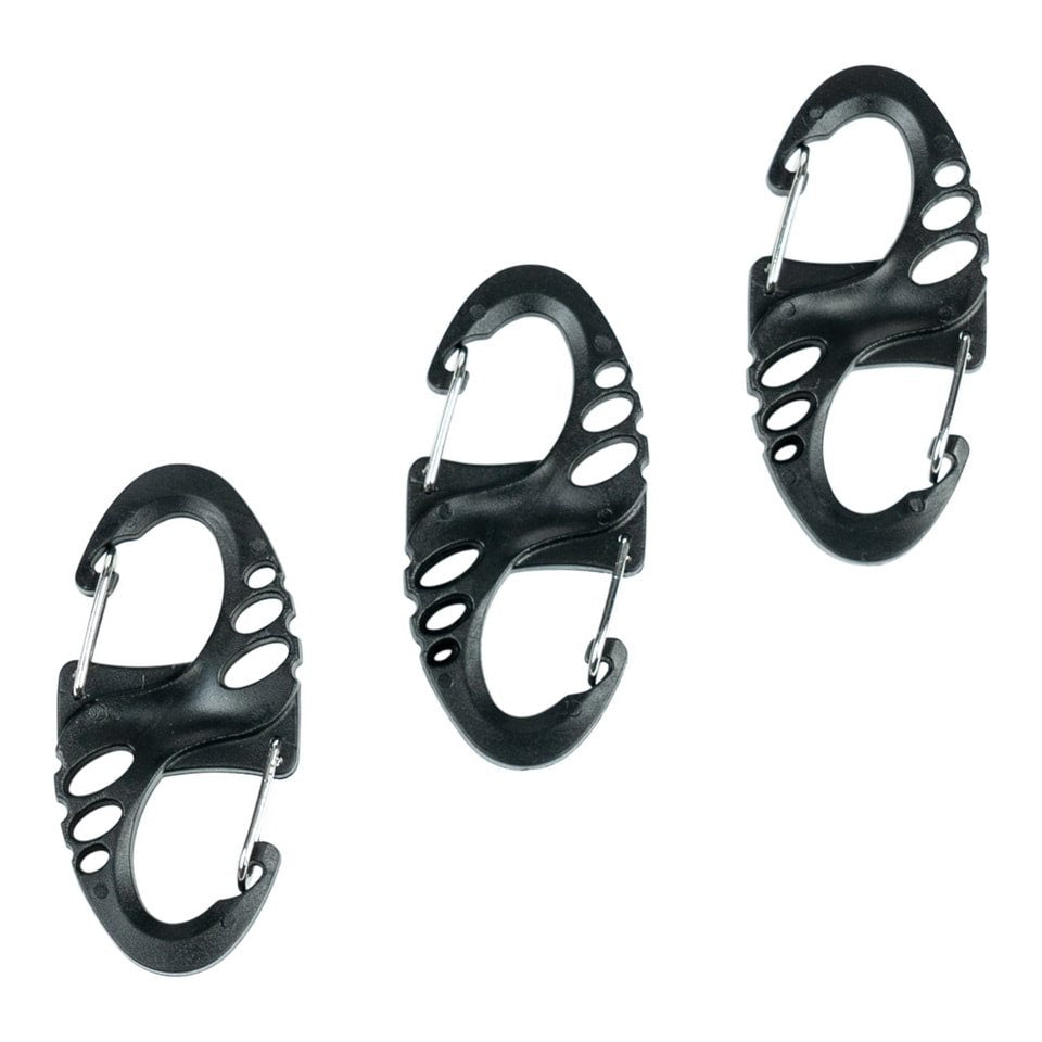 Set de 3 mosquetones MINI negros de plástico y aluminio, ideal como llavero y para colgar equipo pequeño