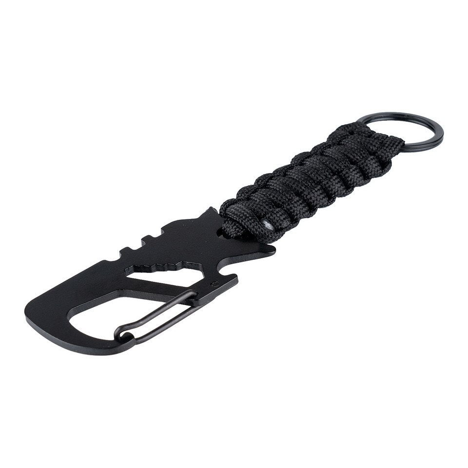 Llavero multifuncional negro con mosquetón metálico y cuerda paracord