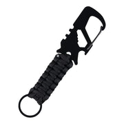 Llavero multifuncional negro con mosquetón metálico y cuerda paracord