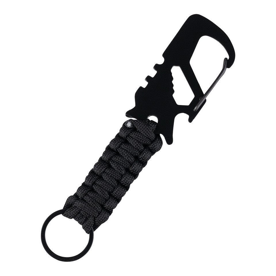 Llavero multifuncional negro con mosquetón metálico y cuerda paracord