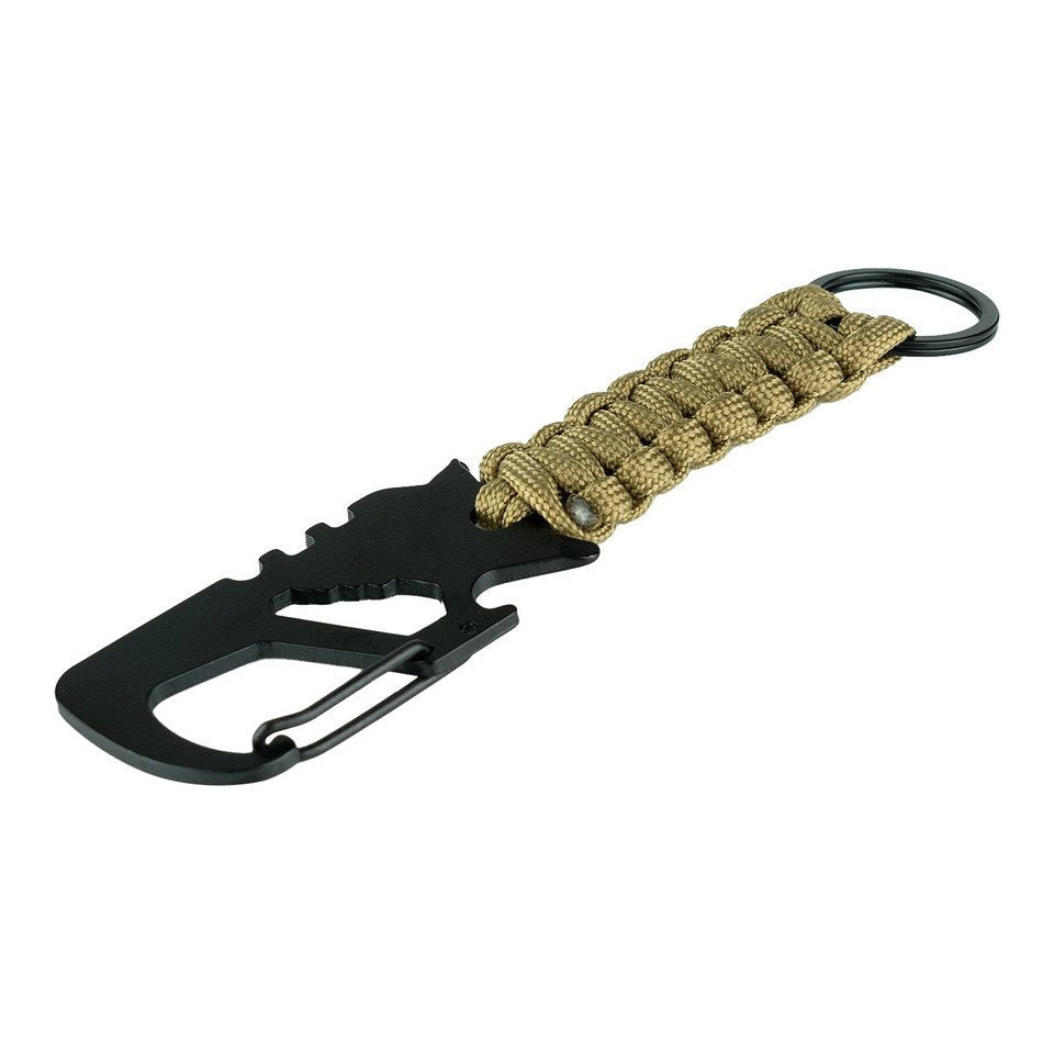Llavero multifuncional negro con mosquetón metálico y cuerda paracord