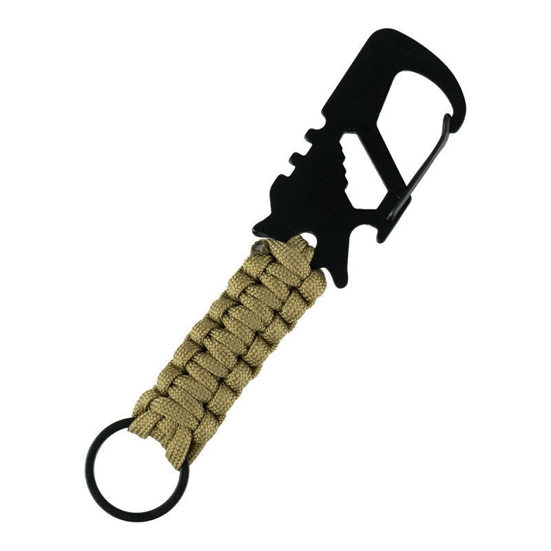 Llavero multifunción verde con mosquetón metálico y cordón paracord de nylon