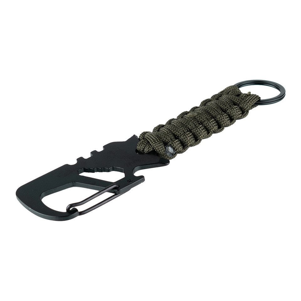 Llavero multifuncional negro con mosquetón metálico y cuerda paracord