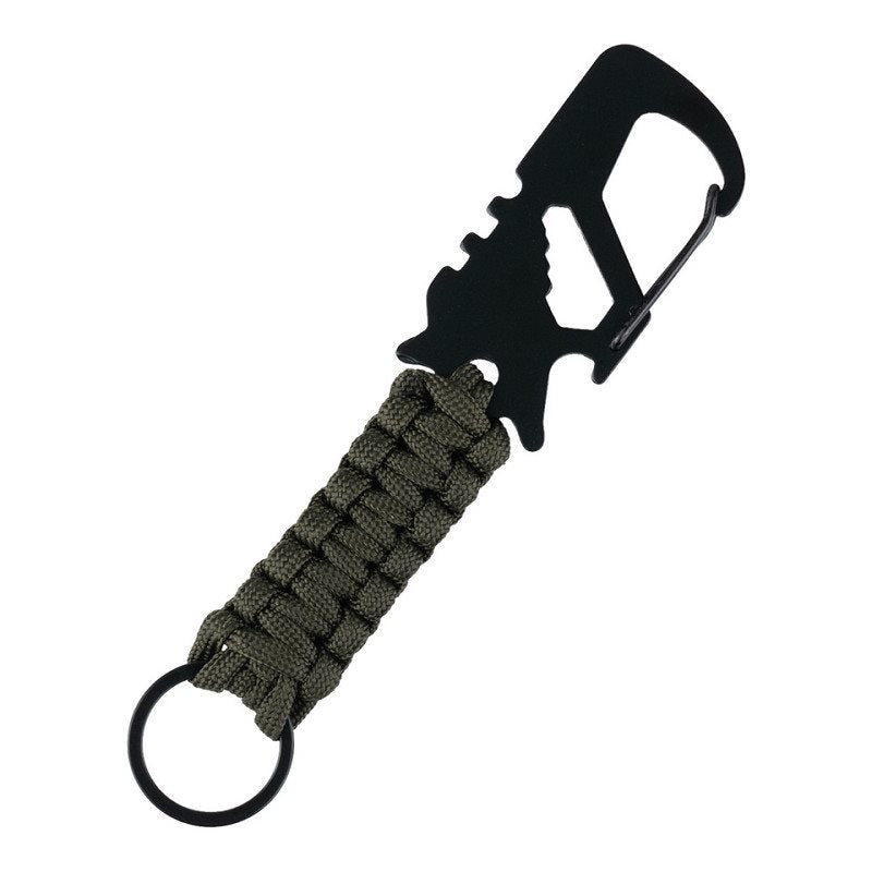 Llavero multifunción verde con mosquetón metálico y cordón paracord de nylon