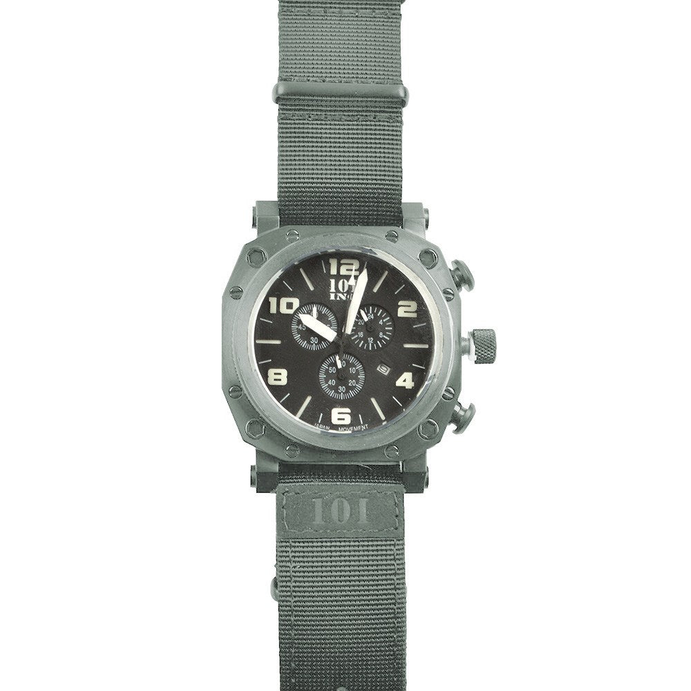 Reloj SPECIAL OPS 101 INC gris con aspecto militar, correa de nylon y cristales intercambiables