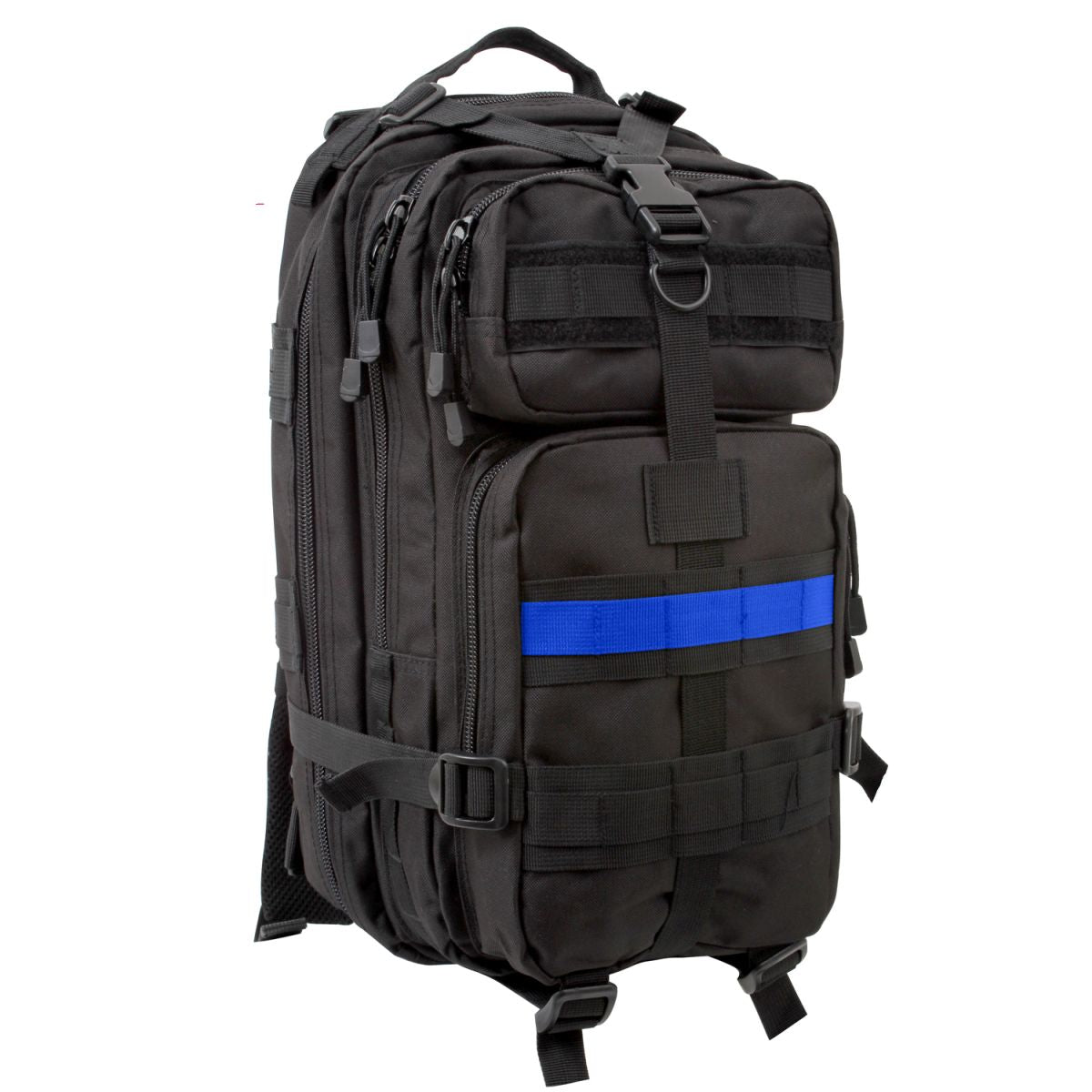 Mochila Assault I Transport negra con franja azul y sistema M.O.L.L.E. visible