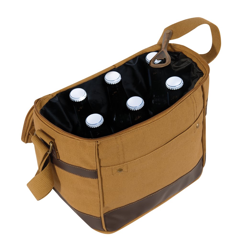 Bolsa COOLER verde de tela para 6 botellas con correa ajustable y abridor