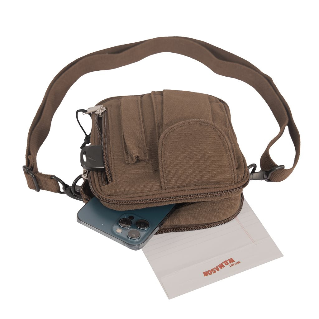 Bandolera EXCURSION negra en lona resistente estilo army con cremalleras y bolsillo exterior para movil