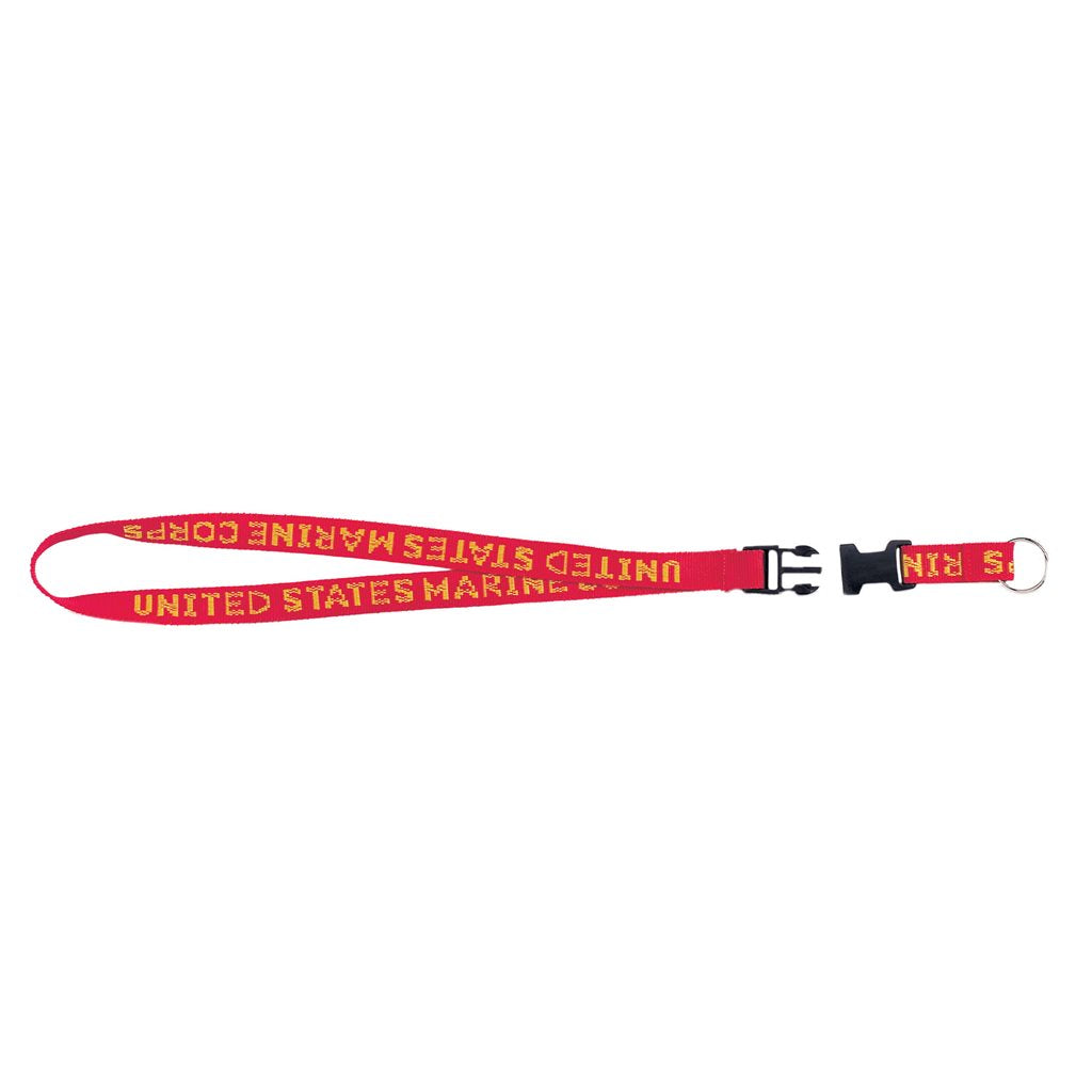 Lanyard USMC rojo con texto amarillo UNITED STATES MARINE CORPS, hebilla de liberación rápida, largo aprox. 81 cm
