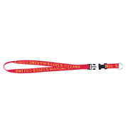 Lanyard USMC rojo con texto amarillo UNITED STATES MARINE CORPS, hebilla de liberación rápida, largo aprox. 81 cm