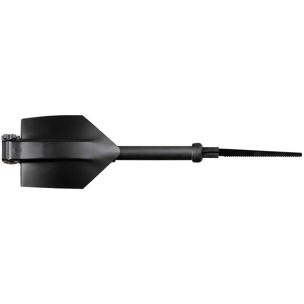 Pala plegable negra con mango telescópico y sierra integrada (17 cm), longitud 64 cm, peso 770 g