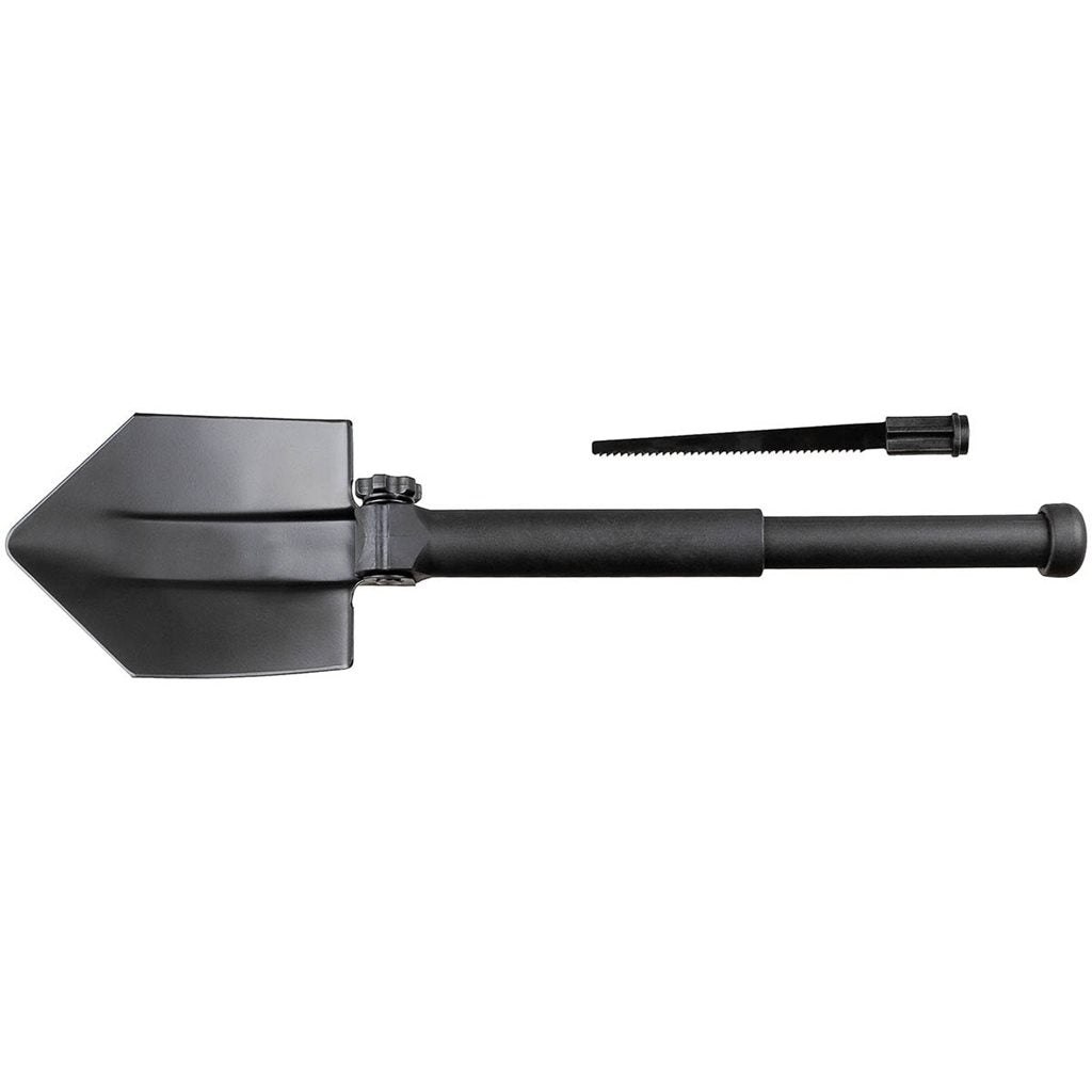 Pala plegable negra con mango telescópico y sierra integrada (17 cm), longitud 64 cm, peso 770 g