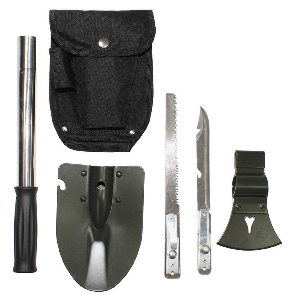 Set 6 en 1: pala, sierra, cuchillo, hacha y azadón con funda