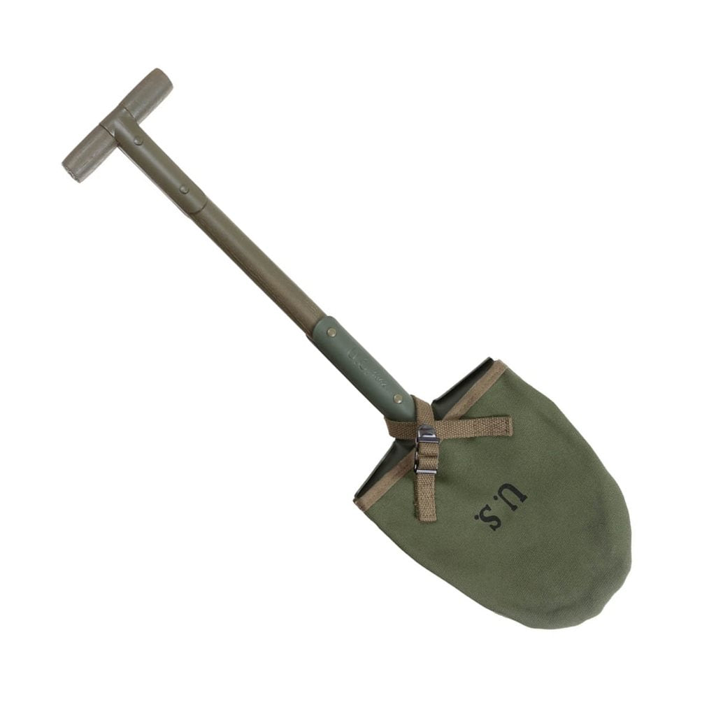 Pala plegable US M10 con mango en T y funda, mango de madera con refuerzo metálico, longitud aprox. 59 cm