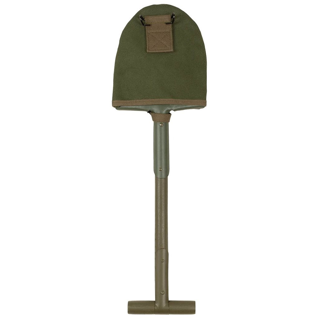 Pala plegable US M10 con mango en T y funda, mango de madera con refuerzo metálico, longitud aprox. 59 cm