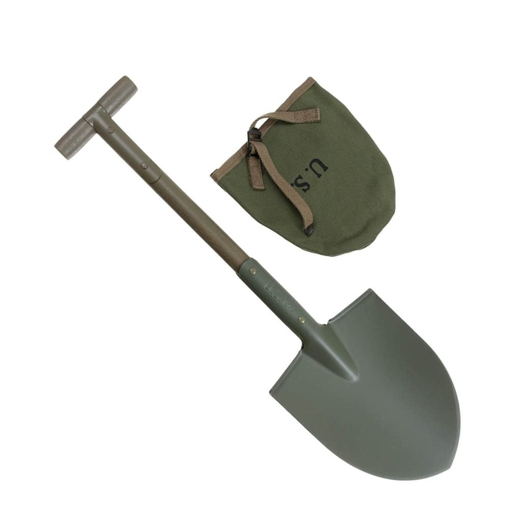 Pala plegable US M10 con mango en T y funda, mango de madera con refuerzo metálico, longitud aprox. 59 cm