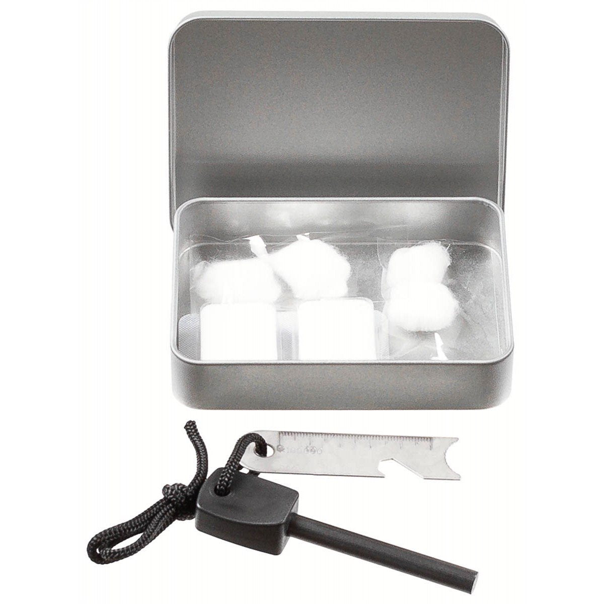 Kit para encender fuego con algodón, dos pastillas de alcohol y pedernal con raspador de acero
