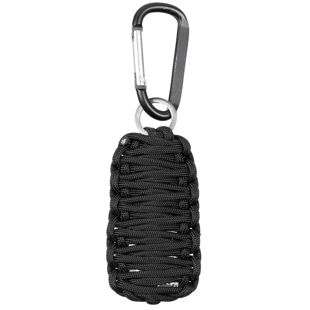 Set de supervivencia llavero negro envuelto en paracord con mosquetón
