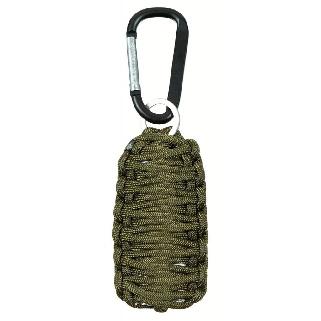 Set de supervivencia llavero negro envuelto en paracord con mosquetón