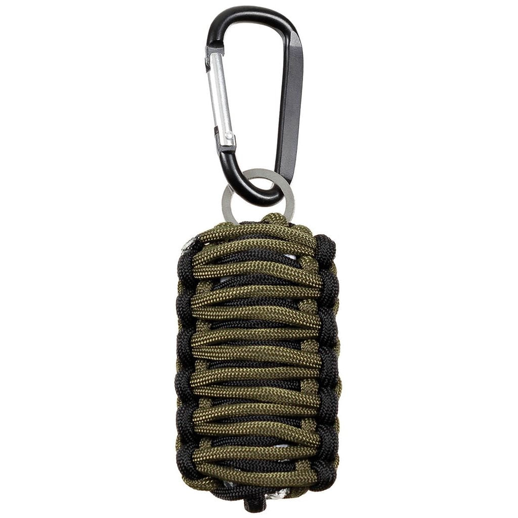 Set de supervivencia llavero negro envuelto en paracord con mosquetón