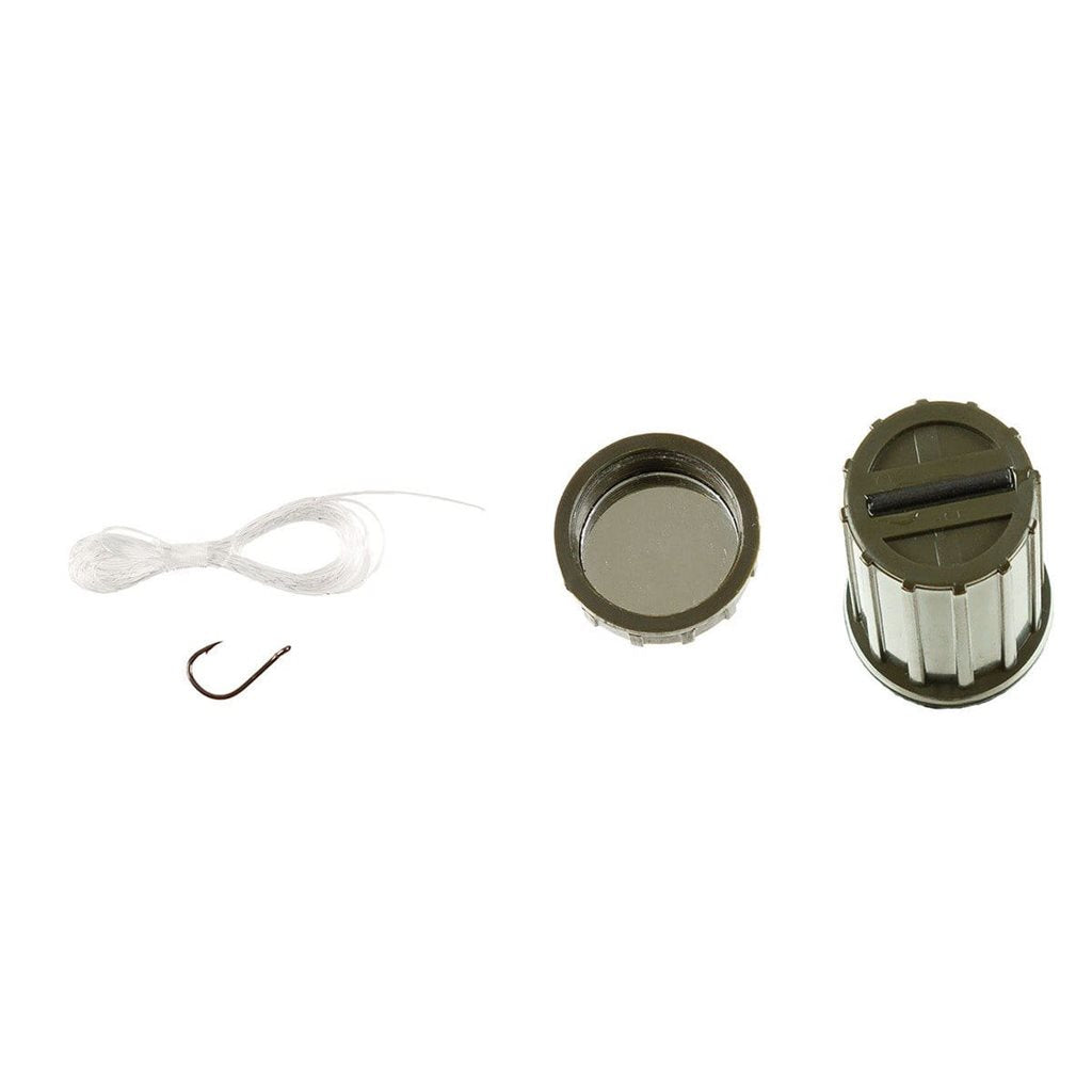 Estuche impermeable US verde con cerillas, raspador, anzuelo y espejo