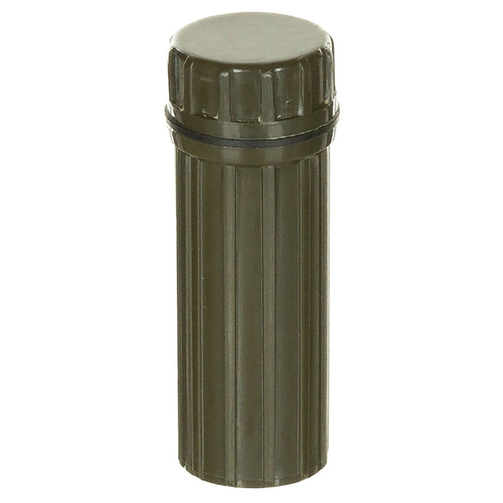 Estuche impermeable US verde con cerillas, raspador, anzuelo y espejo