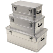 Juego de 3 cajas de transporte de aluminio 34/55/100 L, apilables, con asas abatibles y cierres bloqueables