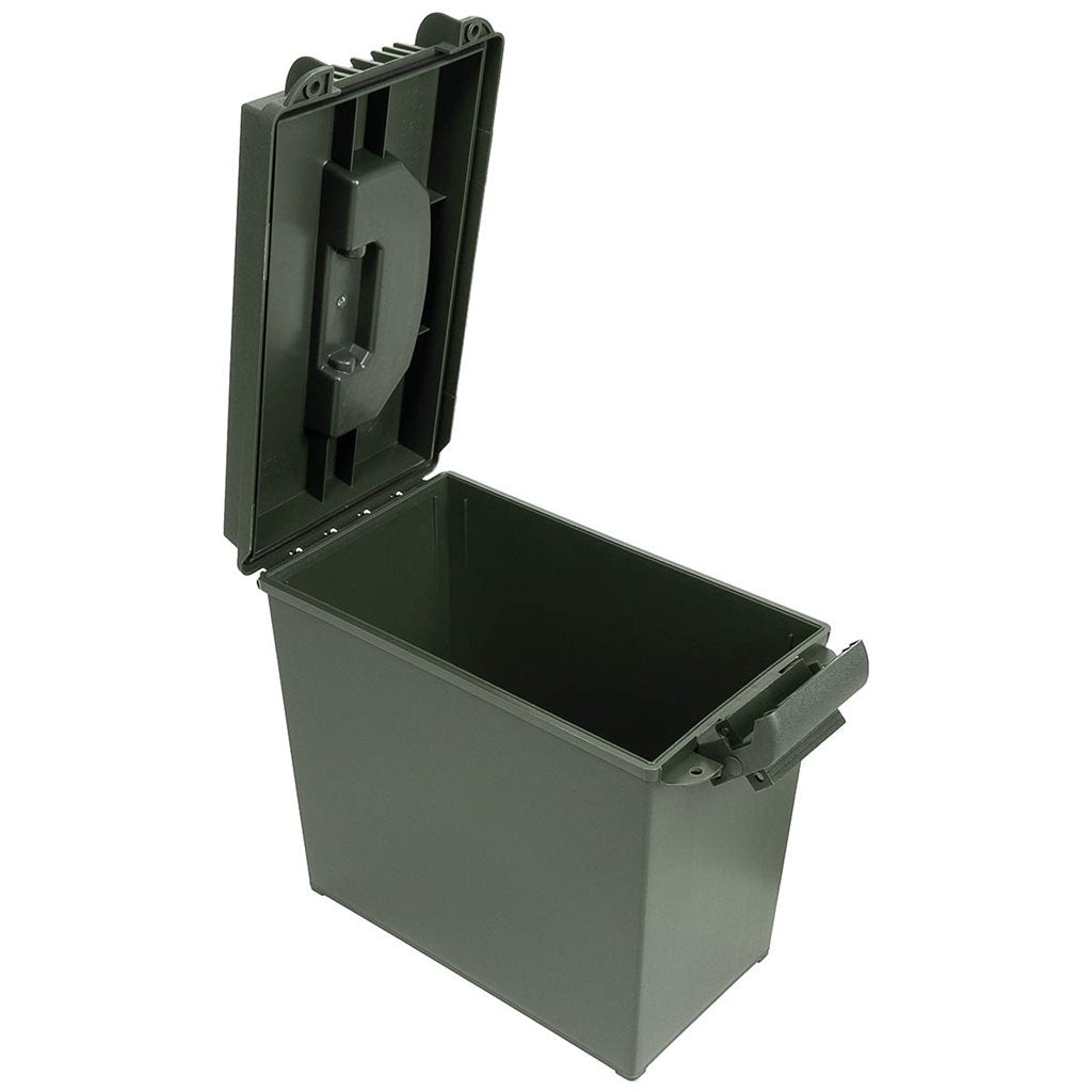 Caja de munición plástica verde AMMO BOX 39 x 22 x 33 cm con apertura superior, bisagra lateral y hueco para candado
