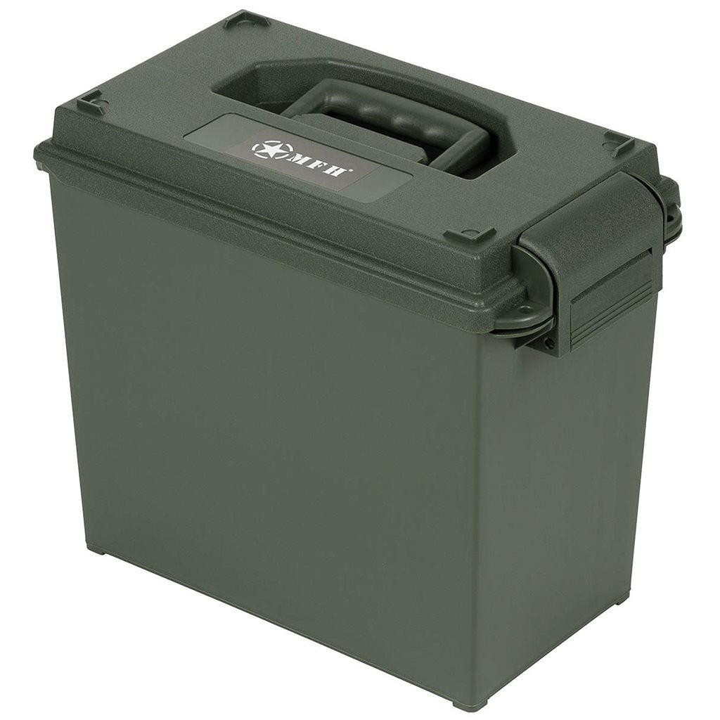 Caja de munición plástica verde AMMO BOX 39 x 22 x 33 cm con apertura superior, bisagra lateral y hueco para candado