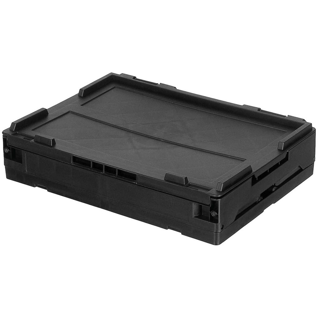 Caja plegable negra 20 L de polipropileno con tapa abatible, entrada frontal bloqueable y diseño apilable