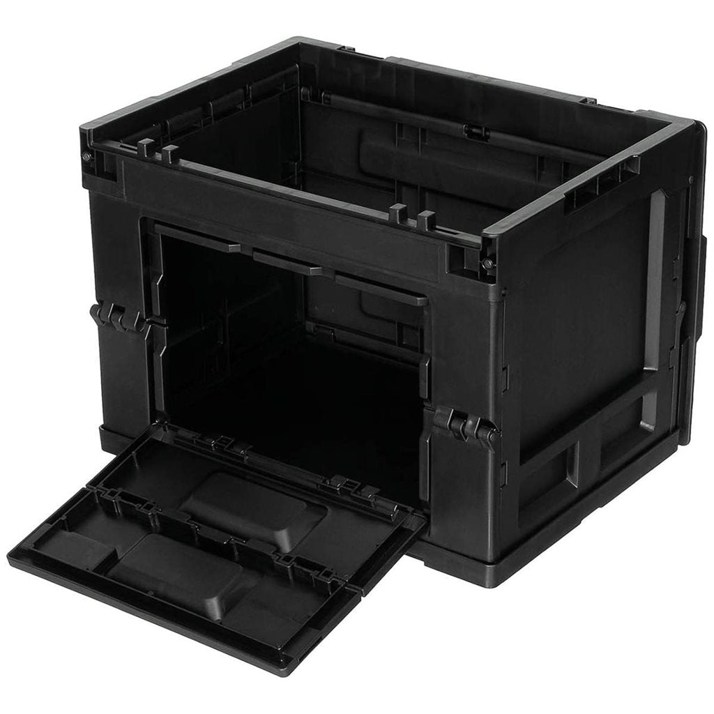 Caja plegable negra 20 L de polipropileno con tapa abatible, entrada frontal bloqueable y diseño apilable