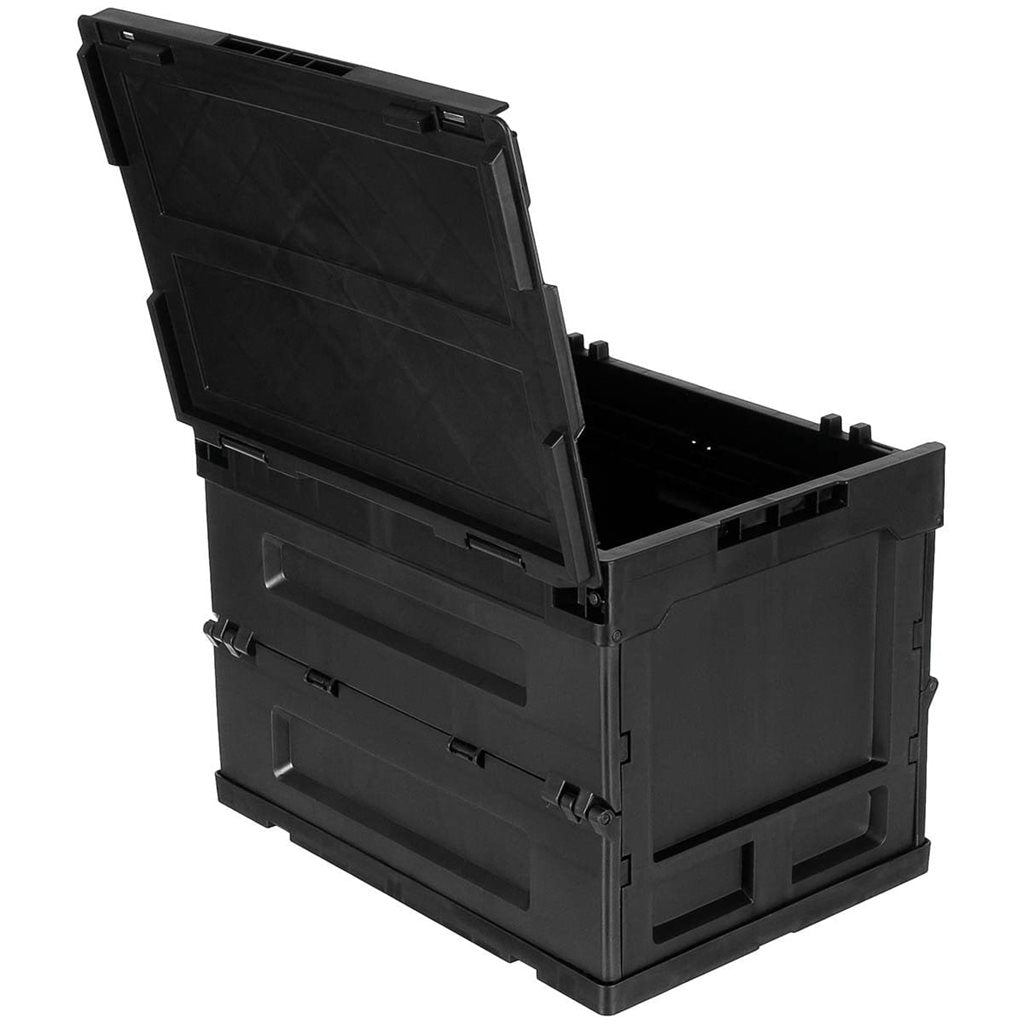 Caja plegable negra 20 L de polipropileno con tapa abatible, entrada frontal bloqueable y diseño apilable