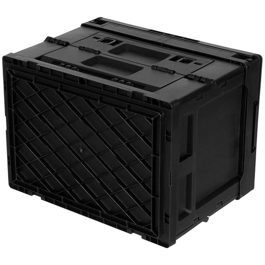 Caja plegable negra 20 L de polipropileno con tapa abatible, entrada frontal bloqueable y diseño apilable