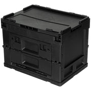 Caja plegable negra 20 L de polipropileno con tapa abatible, entrada frontal bloqueable y diseño apilable