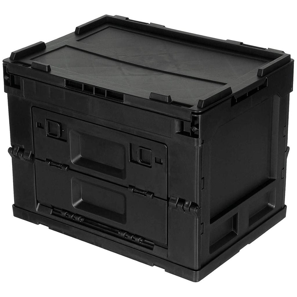 Caja plegable negra 20 L de polipropileno con tapa abatible, entrada frontal bloqueable y diseño apilable