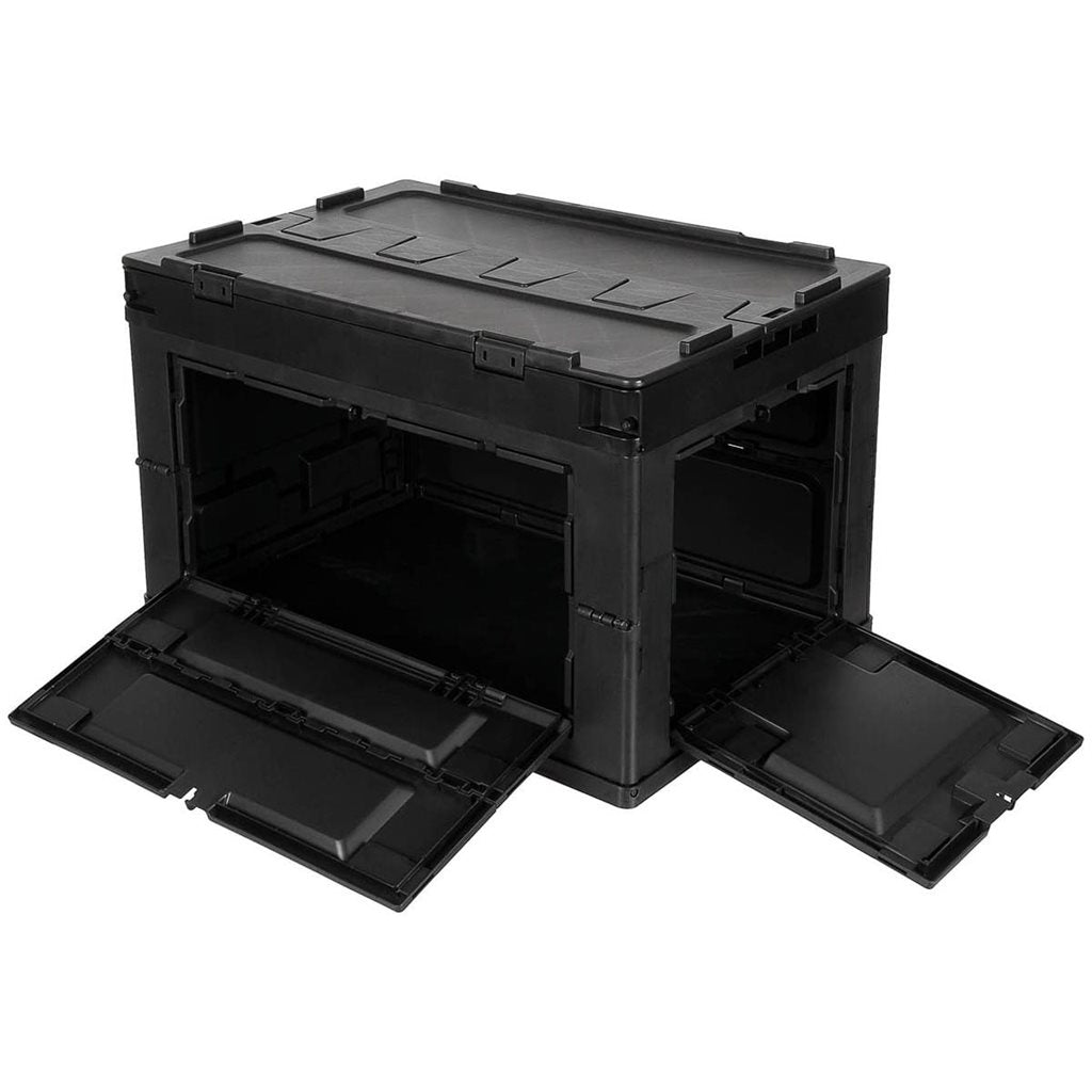 Caja plegable negra 60 L de polipropileno, tapa de dos piezas y accesos laterales con posibilidad de cierre