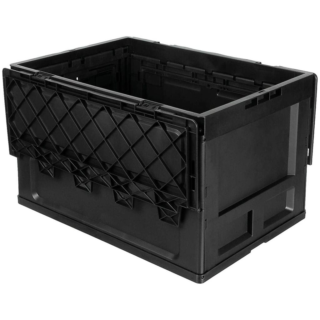 Caja plegable negra 60 L de polipropileno, tapa de dos piezas y accesos laterales con posibilidad de cierre