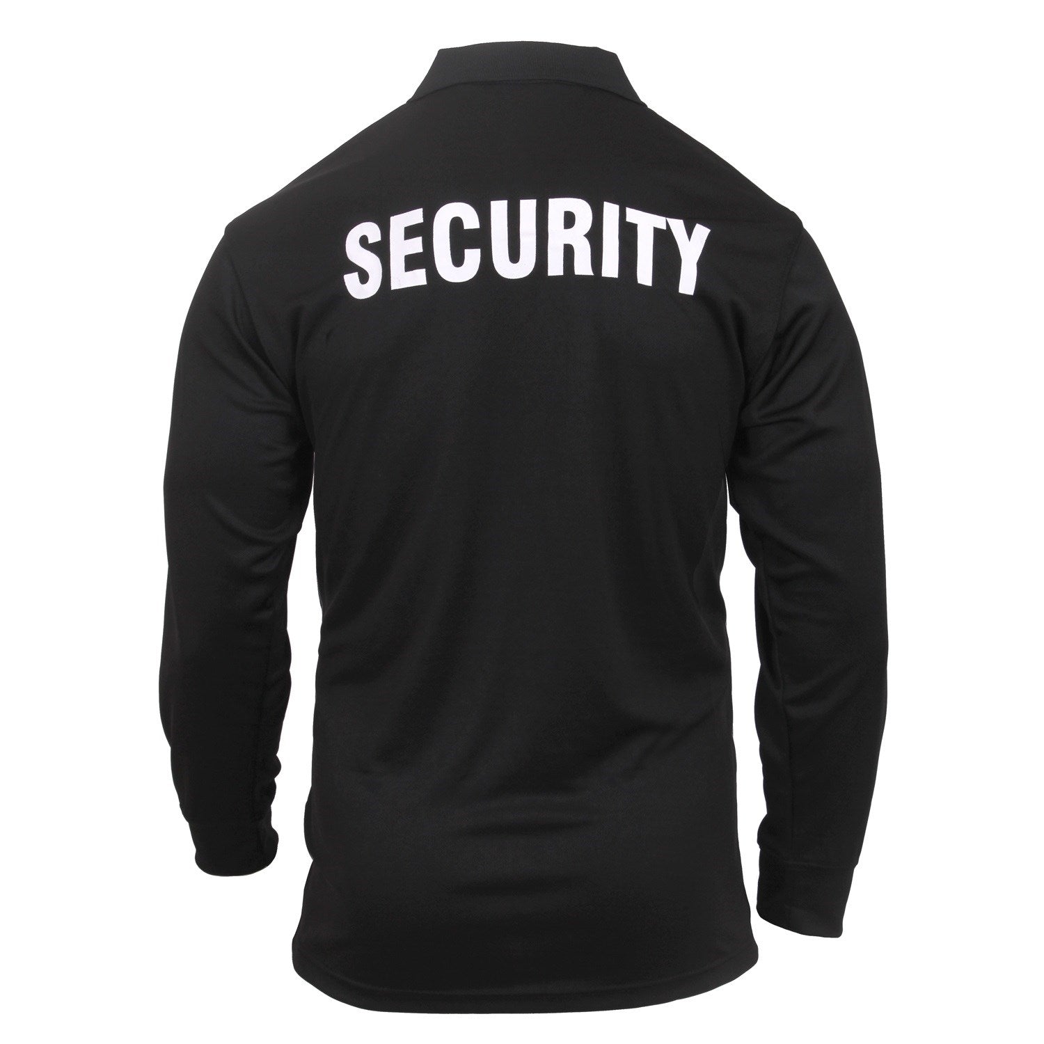 Polo negro de seguridad manga larga con 'SECURITY' en pecho y espalda, 100% poliéster