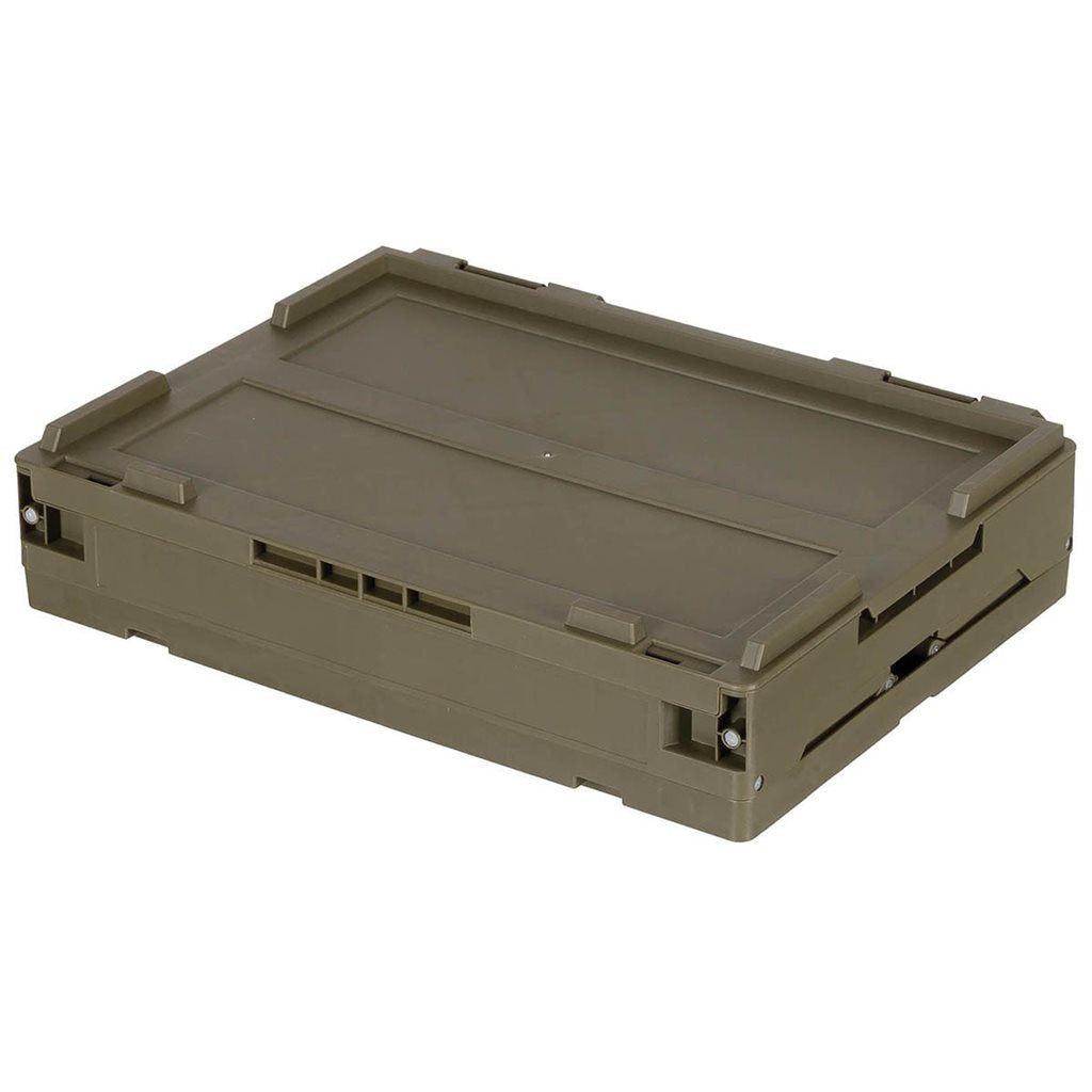 Caja plegable negra 20 L de polipropileno con tapa abatible, entrada frontal bloqueable y diseño apilable