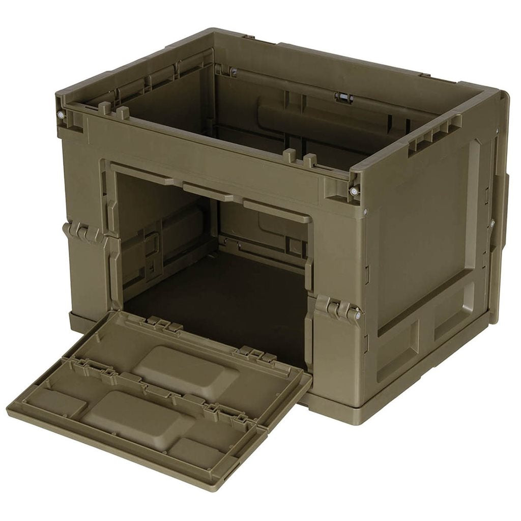 Caja plegable negra 20 L de polipropileno con tapa abatible, entrada frontal bloqueable y diseño apilable
