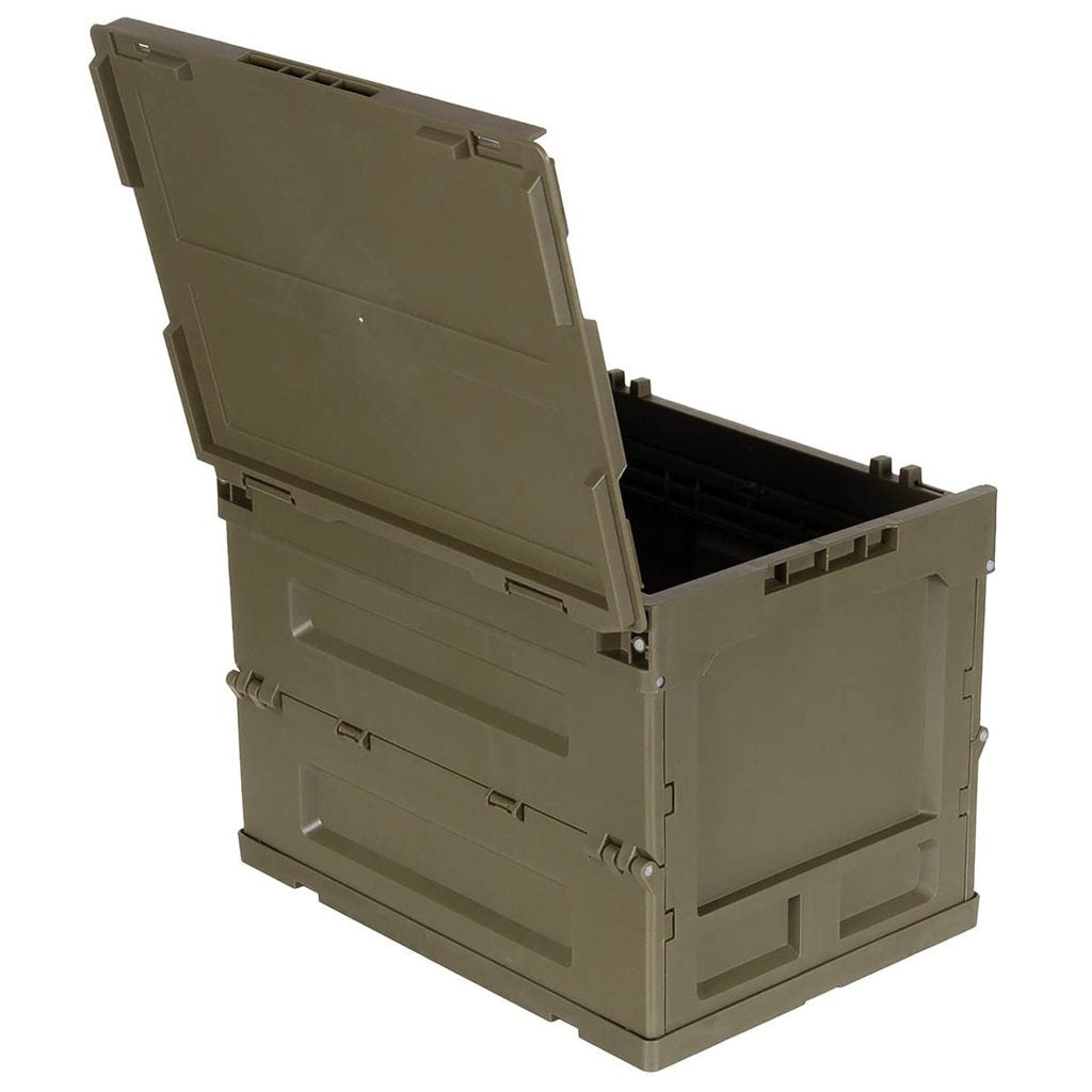 Caja plegable negra 20 L de polipropileno con tapa abatible, entrada frontal bloqueable y diseño apilable